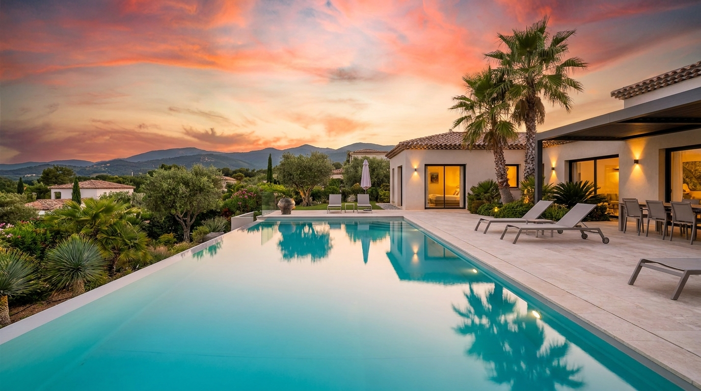Piscine à débordement au coucher du soleil près de Perpignan