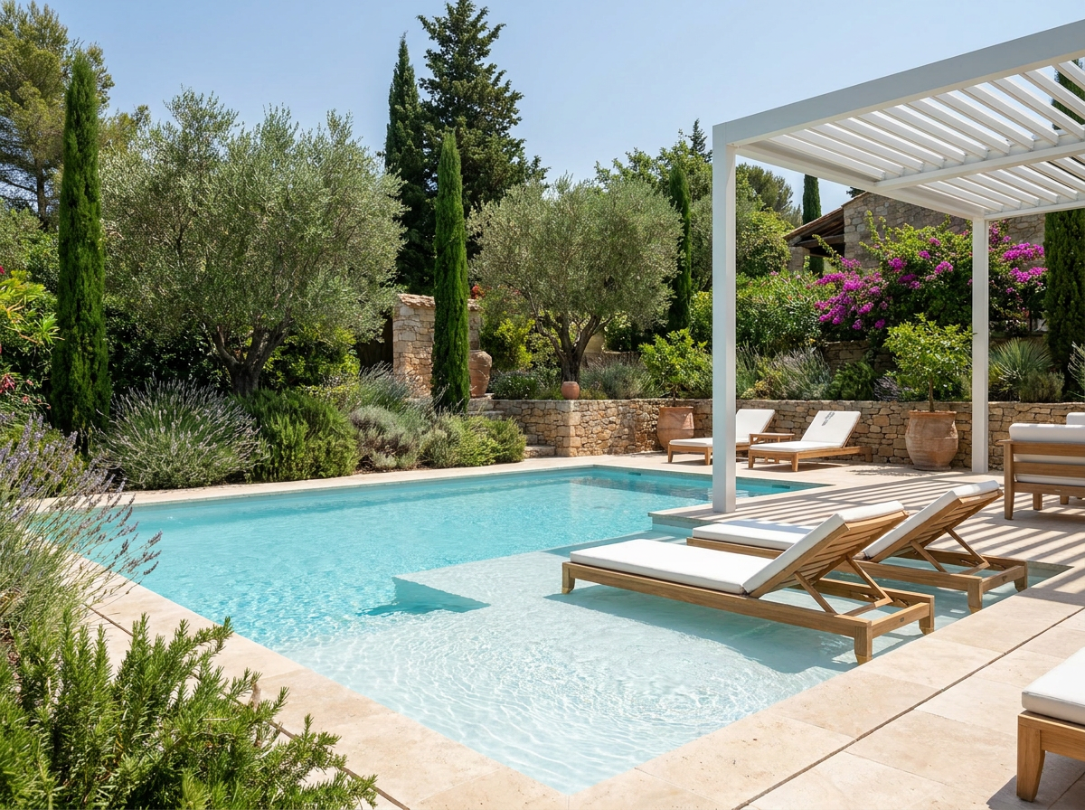 Piscine moderne avec plage immergée et pergola