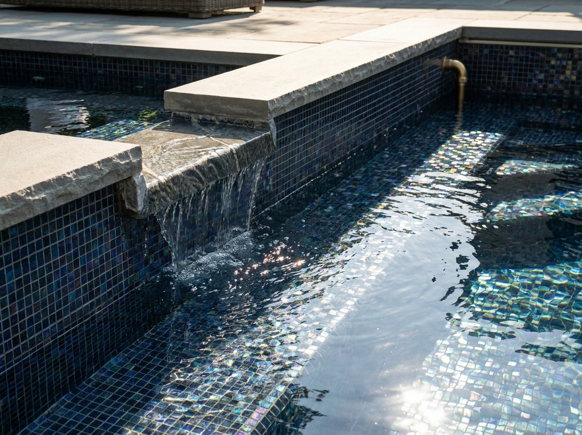 Rénovation de piscine avec mosaïque et cascade